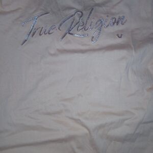 True Religion Women's Short Sleeve Tee in Cream with Silver Logo